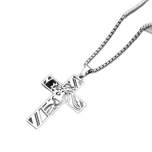 Close-up of hollowed-out Jesus cross pendant with a durable stainless steel box chain