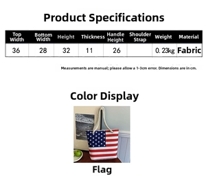 Size chart showing large canvas tote bag dimensions with US flag design details
