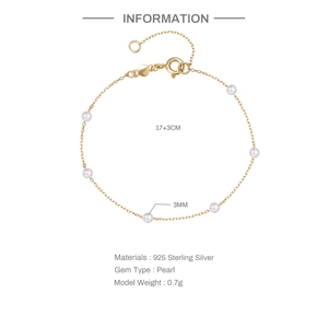 Especificaciones detalladas de una pulsera de plata S925 dorada con perlas de 3mm