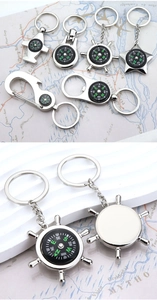 Detail of silver compass keychain in nautical ship wheel design with a functional dial
