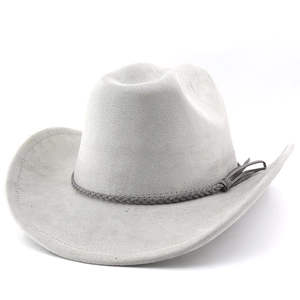 Side view of a light gray suede cowboy hat featuring a braided band and tassel details