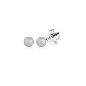 Detailed macro view of silver frosted ball stud earring with threaded screw back