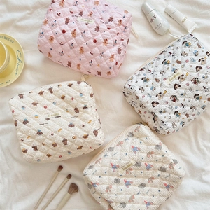 Detailed top view of quilted cotton cosmetic bags with cute cartoon animal prints