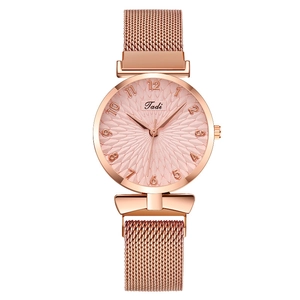 Detailed view of women's rose gold watch with pink sunflower dial and mesh strap