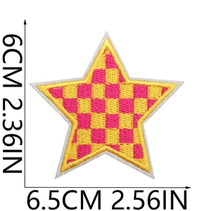 Detailed view of pink and yellow checkered star embroidery patch with 6.5cm width size