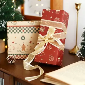 Christmas vintage kraft gift boxes with reindeer and tree patterns in warm festive setting