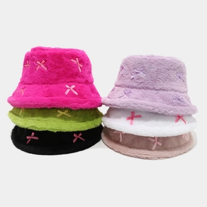 Faux Fur Bucket Hat For Women With Plush Bow Decoration Winter Warm Sweet Girl Style Fisherman Basin Hat