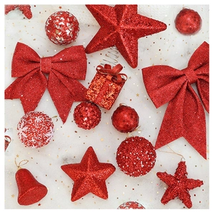 Detailed set of red Christmas tree ornaments with sequins, bows, and star decorations
