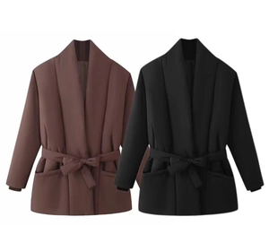 Detail view of thickened solid color puffer coats with waist tie in brown and black