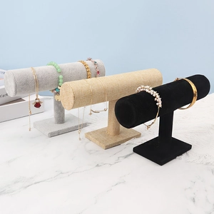 T-bar jewelry display stand set in velvet and linen for bracelets and watches