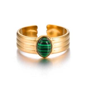 Detail of vintage gold-plated titanium ring featuring a green malachite stone inlay