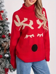 Roter Weihnachts-Rollkragenpullover mit beigem Rentier-Jacquard-Muster in Nahaufnahme