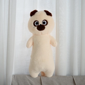 Detailed view of the soft beige plush long dog toy featuring a cute brown nose and round eyes