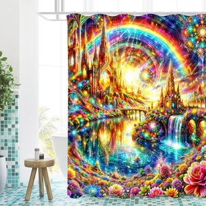 Standard size 3D printed shower curtain featuring a vibrant fantasy castle and rainbow scenery