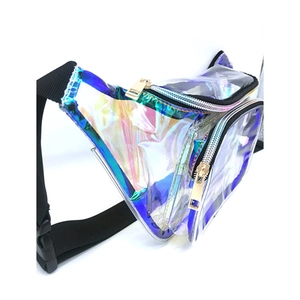 Side view of holographic PVC waist bag showing rainbow reflection and gold zipper