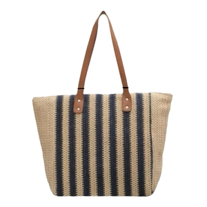 Handwoven straw tote bag with striped pattern and leather handles for beach vacation