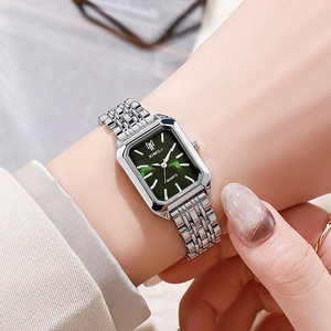 Elegant square women's quartz watch with a green sunburst dial and silver steel band