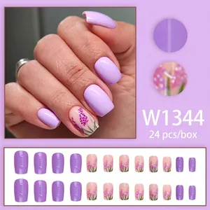 Elegant purple lavender floral design press-on nails set with 24 pieces of glossy finish