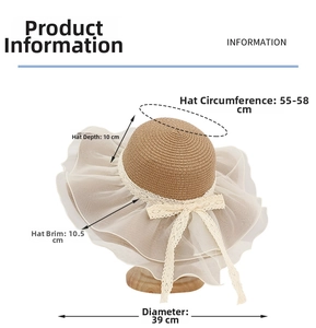 Detailed sizing chart for women's straw sun hat with bow and layered tulle brim