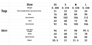 Detailed size chart for the printed crop top and long skirt set from XS to L