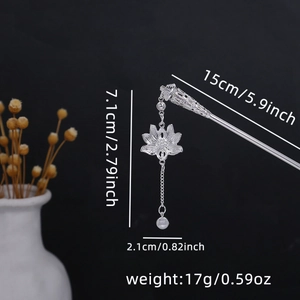Detailed view of silver lotus hair pin with pearl tassel measurements and dimensions
