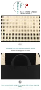 Detail showing handwoven natural bamboo texture and black felt handle of the basket