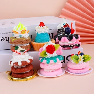Set of 6 realistic pink waffle and cream fruit miniature cake keychain pendants