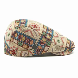 Retro jacquard newsboy cap with ethnic geometric patterns and adjustable side buckle