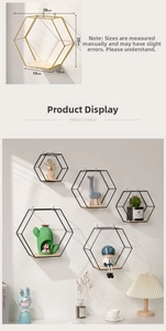 Detail of hexagonal iron wall shelf with wood base showing dimensions 29x25x10cm