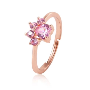 Cute Cat Paw Print Ring Alloy Pink Zircon Inlaid Heart Shape Adjustable Open Ring Sweet Cartoon Jewelry For Women Girls