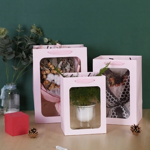Pink paper gift bag set with clear PVC windows and ribbon handles in three sizes