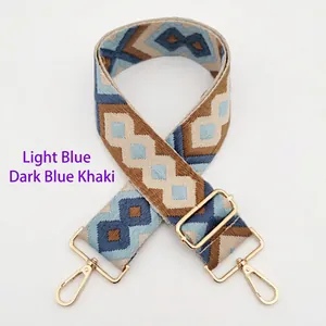 Detail of blue and khaki geometric diamond pattern embroidered woven shoulder strap