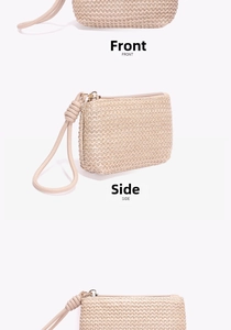 Vertical view of beige woven coin purse with metal zipper and wrist strap detail