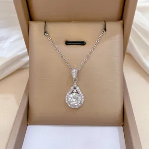 Pear-shaped titanium steel pendant necklace with clear zircon and pave settings