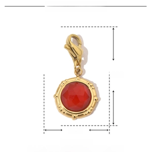 Detailed dimensions of gold stainless steel pendant with red natural stone and clasp