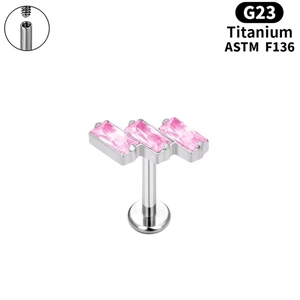 G23 titanium flat back stud with three pink rectangular zircons and internal threading