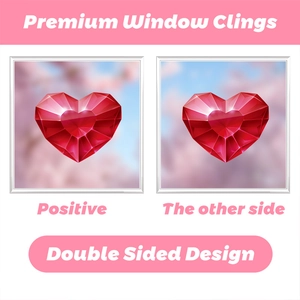 Detailed double-sided view of ruby heart window clings for Valentine window decoration
