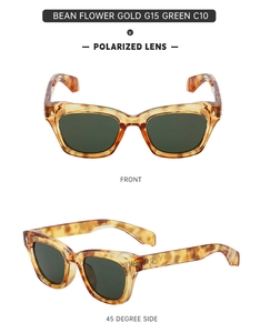 Detailed front and side view of polarized G15 green lenses with amber frames