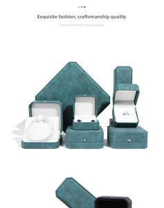 Detail of luxury octagonal light blue PU leather jewelry boxes with soft white lining