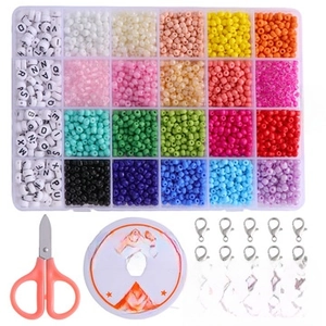 24-grid DIY jewelry kit with colorful beads, scissors, elastic string and lobster clasps