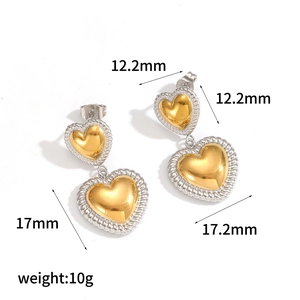 Two-tone gold and silver heart earrings set with detailed braided edges and 10g weight