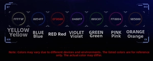 Futuristic LED glasses showing seven color light schemes with precise hex color codes