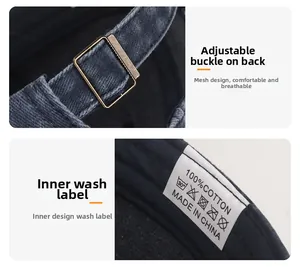 Detail of adjustable metal buckle and 100% cotton wash label on dark grey baseball cap