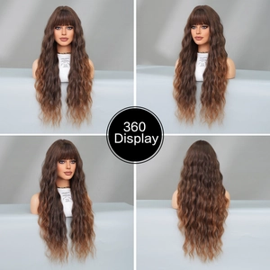 360-degree view of long wavy brown ombre wig with bangs showing multi-angle hair textures