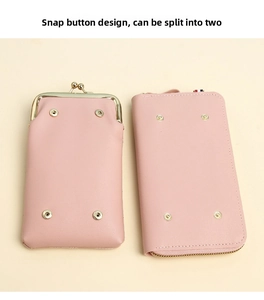 Pink detachable leather wallet with snap buttons and a functional dual-pouch design