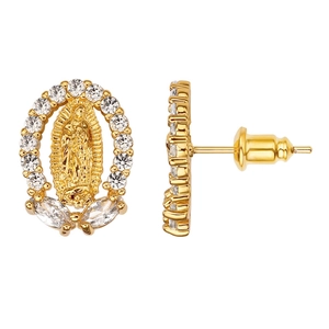 18K gold plated Our Lady of Guadalupe stud earrings with cubic zirconia halo stones
