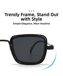 Detail shot of the thick black square frame sunglasses and dark grey lenses close-up