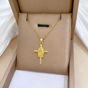Luxurious gold titanium cross necklace with Virgin Mary relief and sparkling crystals