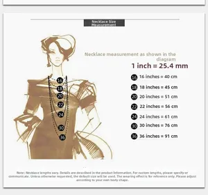 Guía de tallas para collares de 40 a 91 cm ilustrada en una silueta femenina