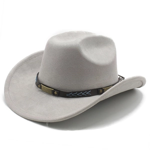 Detailed view of grey suede cowboy hat featuring a black leather band and retro stitching